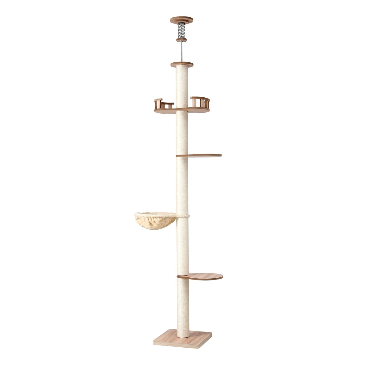 Beige cat tree tower with stacked platforms, scratching posts, and top perch