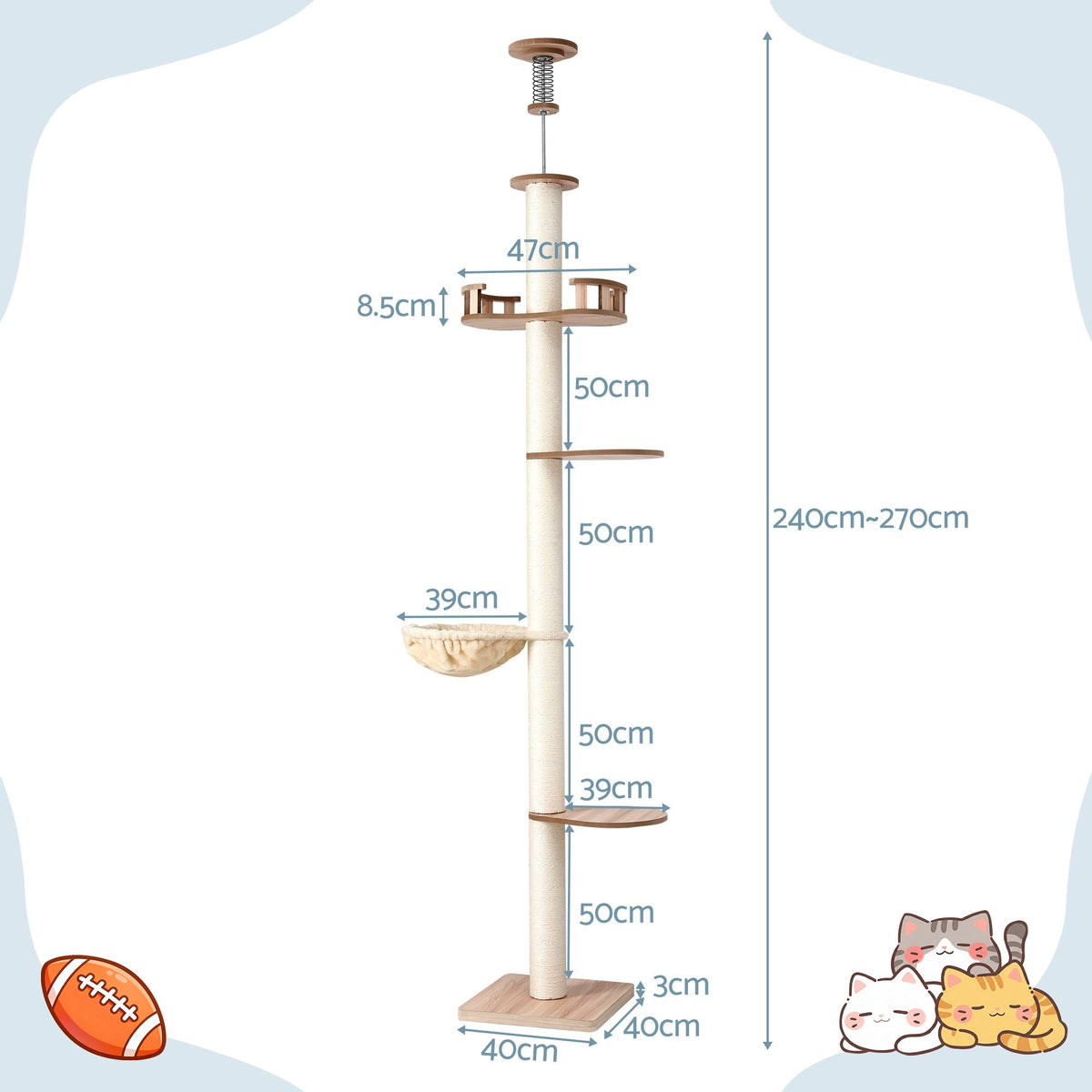 Beige floor-to-ceiling cat tree tower with rope scratching platforms and rope hammock