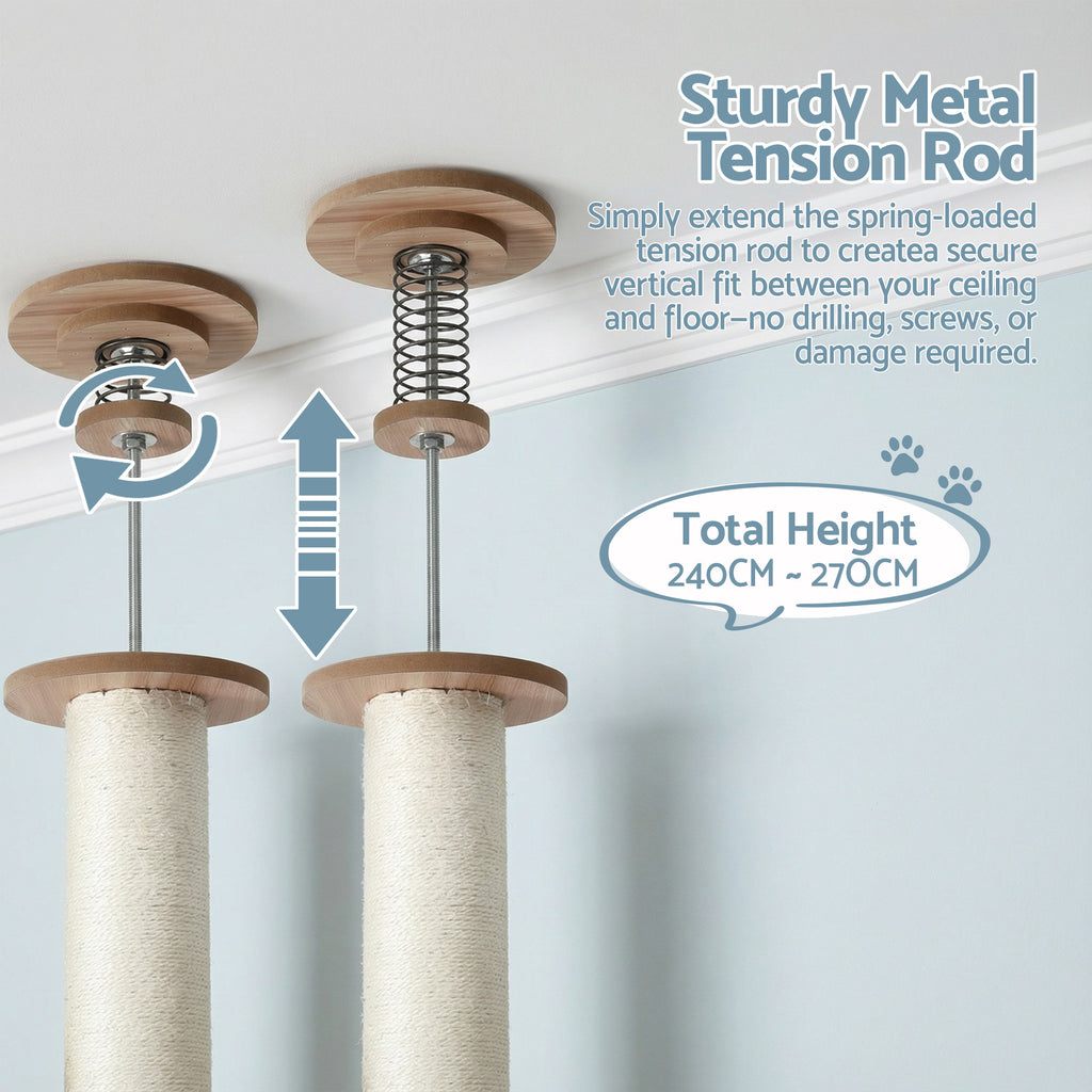 Cat Tree Tower Floor to Ceiling Scratching Post 270cm Beige