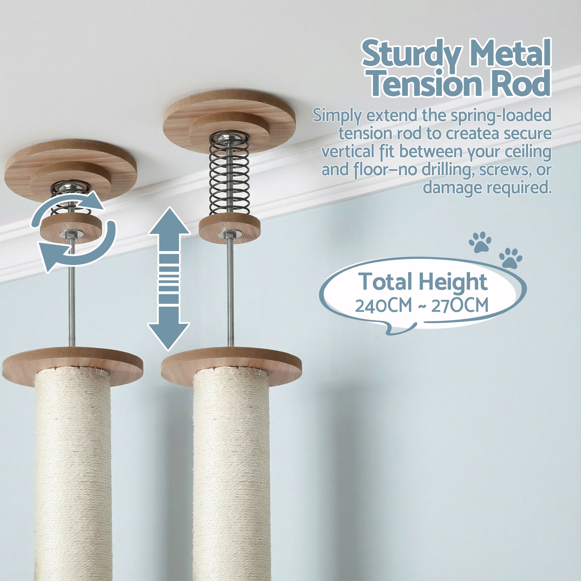Cat Tree Tower Floor to Ceiling Scratching Post 270cm Beige