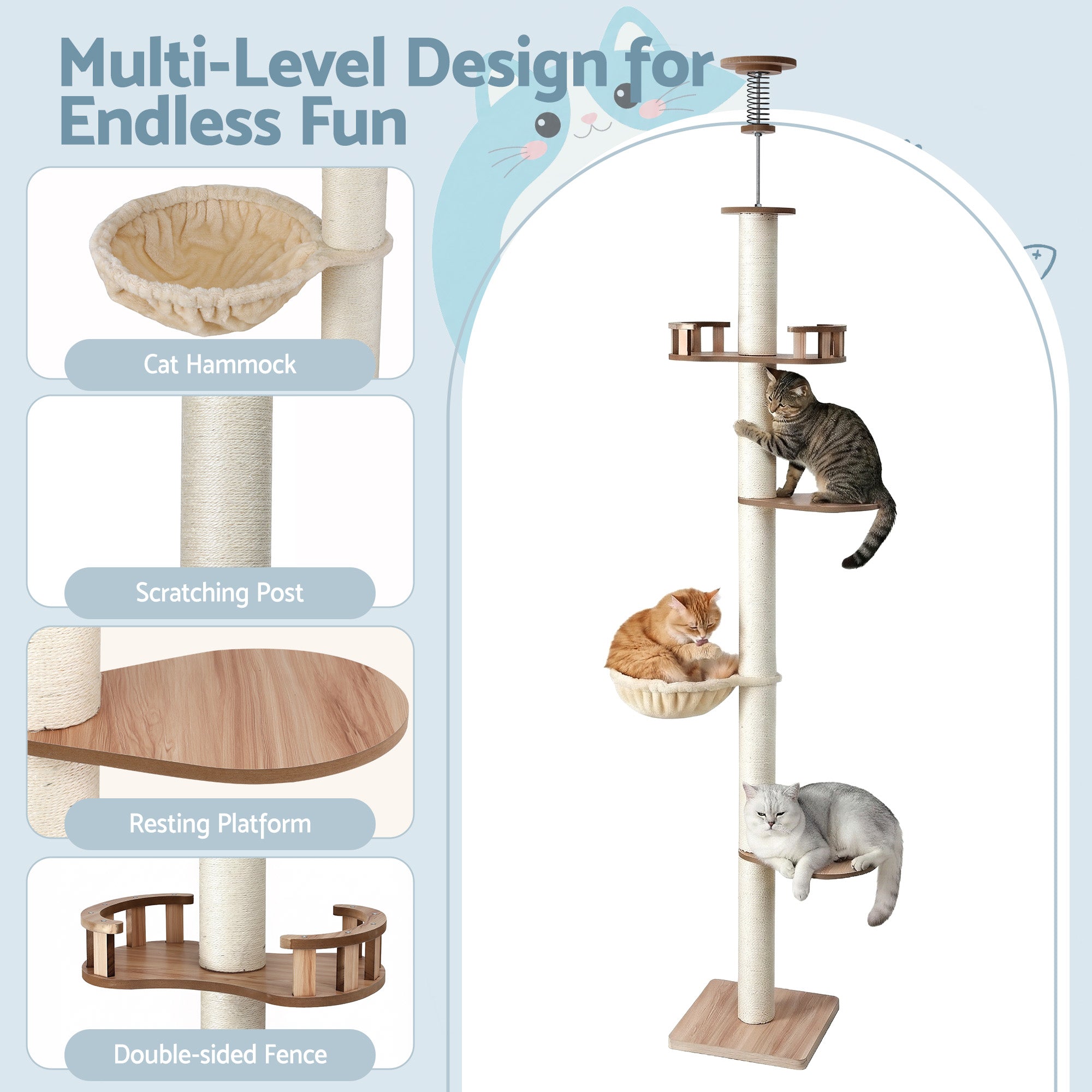 Cat Tree Tower Floor to Ceiling Scratching Post 270cm Beige
