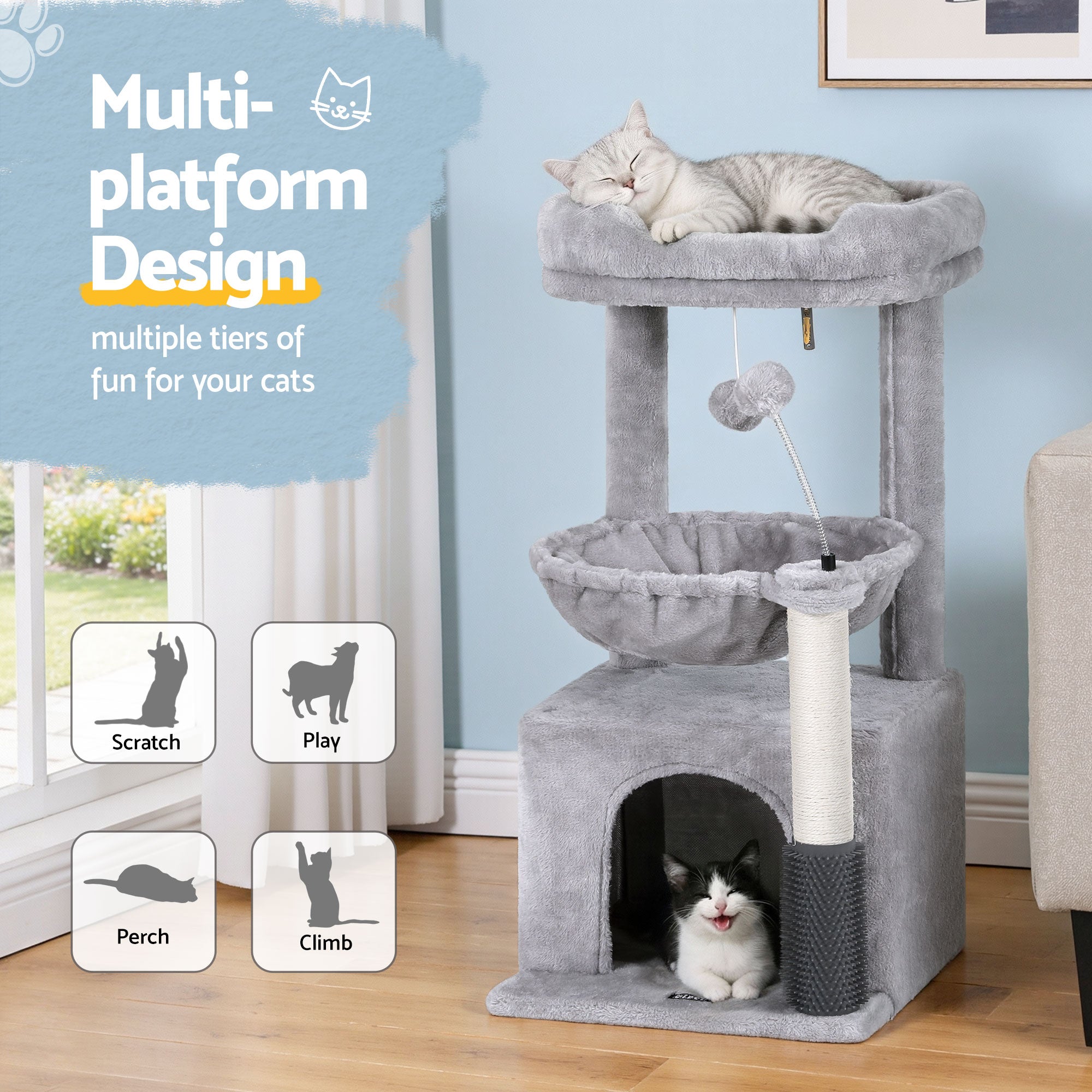 Cat Tree Tower 82cm Scratching Post Furniture Scratcher House Light Grey