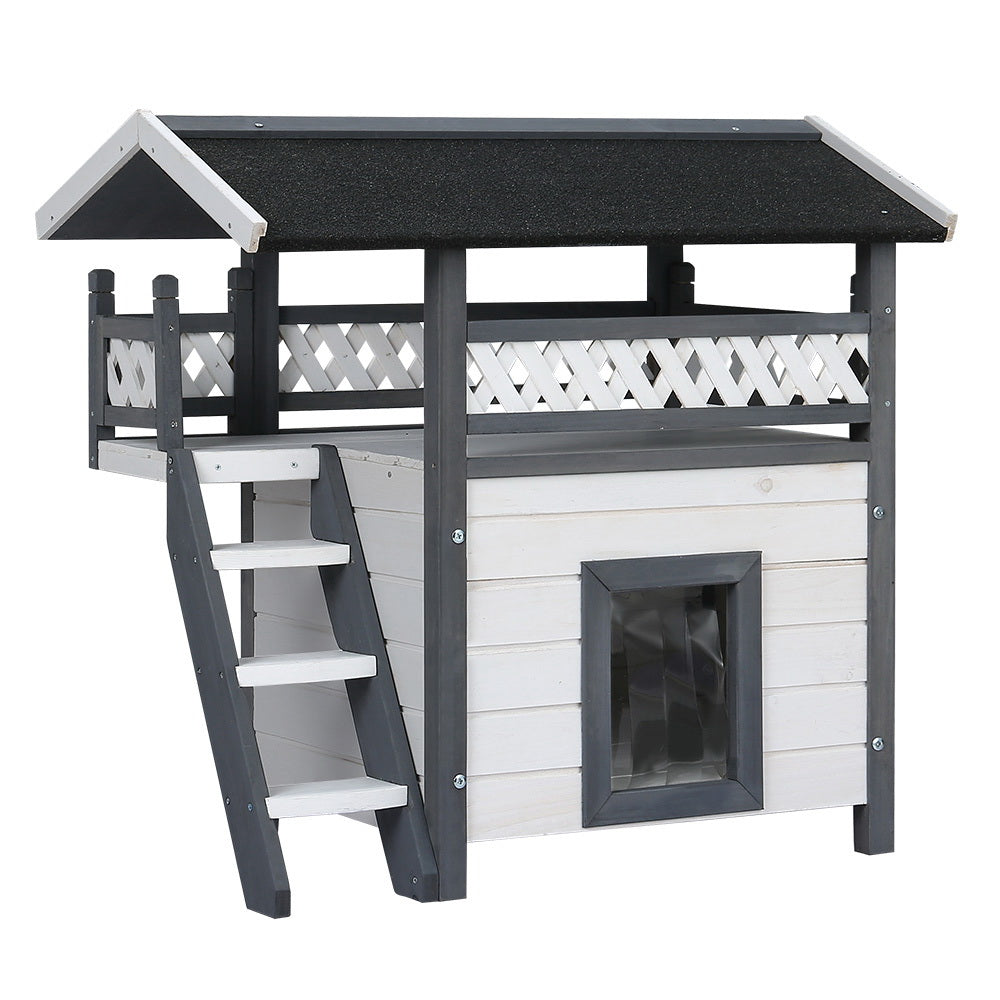 Outdoor cat house shelter with white wood walls, dark frame, front square entry, black roof