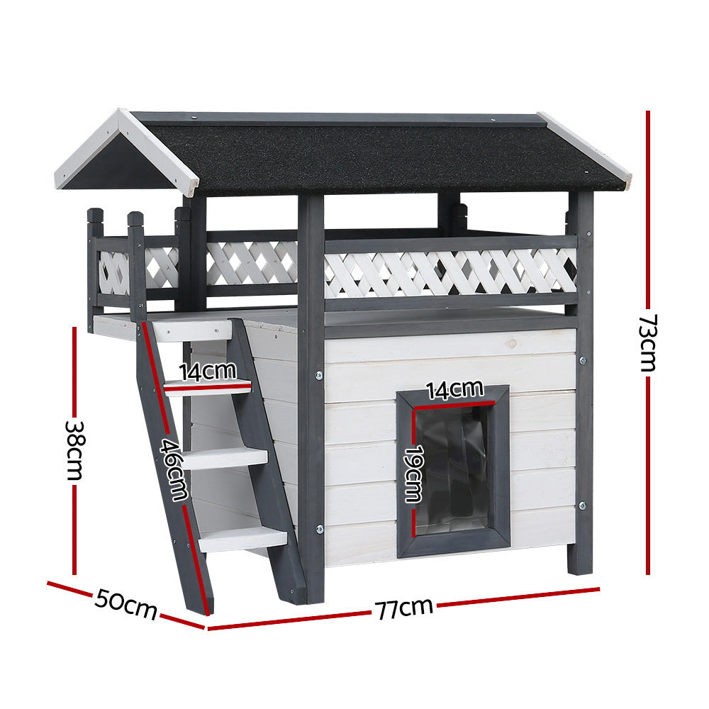 Outdoor cat house shelter with side ladder and square entry window in white-and-dark wood