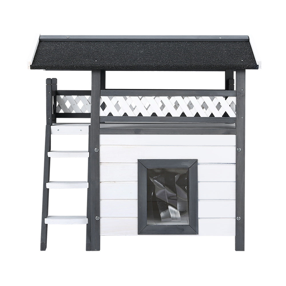 Outdoor cat house shelter with front square mesh window and left-side ladder