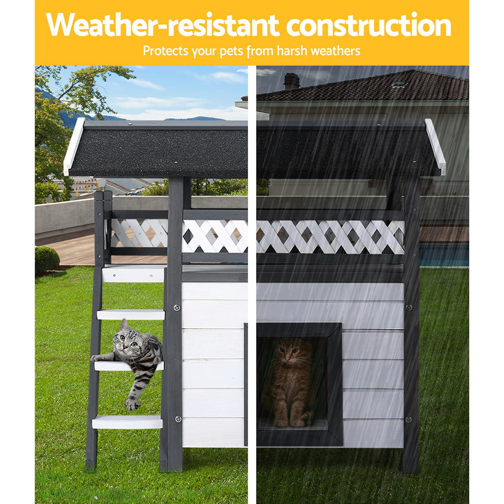 Weather-exposed outdoor cat house shelter shown with rain on dark roof and side walls