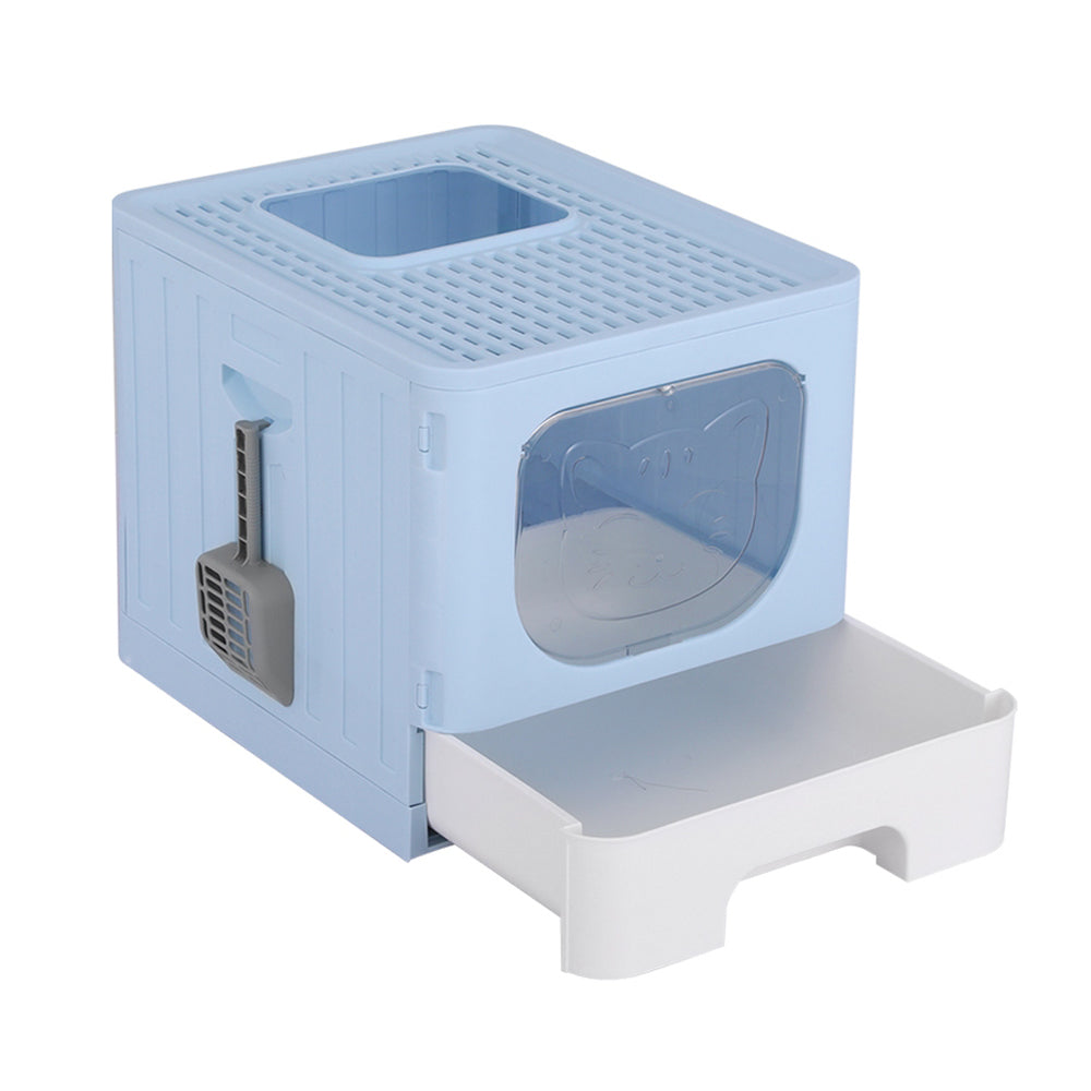 Large enclosed cat litter box in light blue with transparent front door window