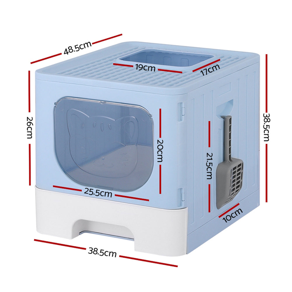 Large enclosed cat litter box side view with front window door and ventilation panel