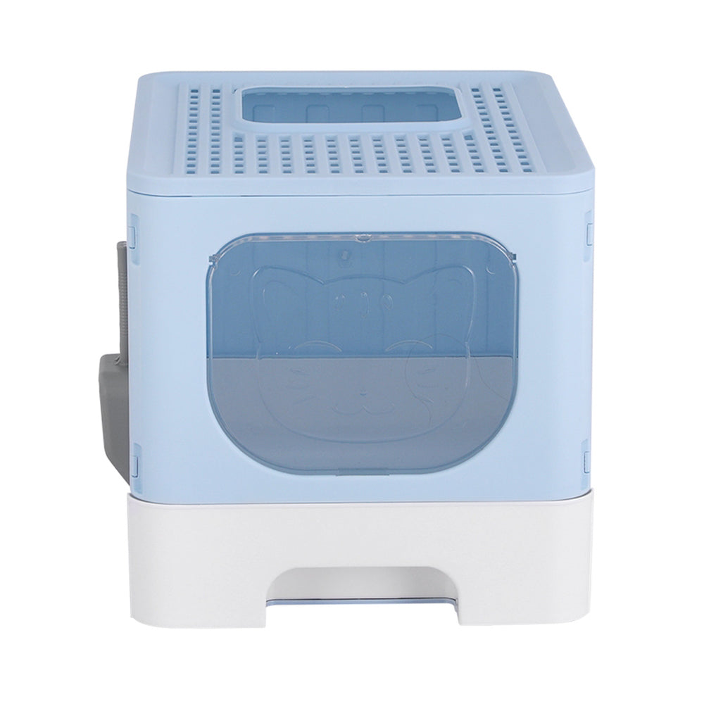 Large enclosed cat litter box front view with clear door window and gridded top