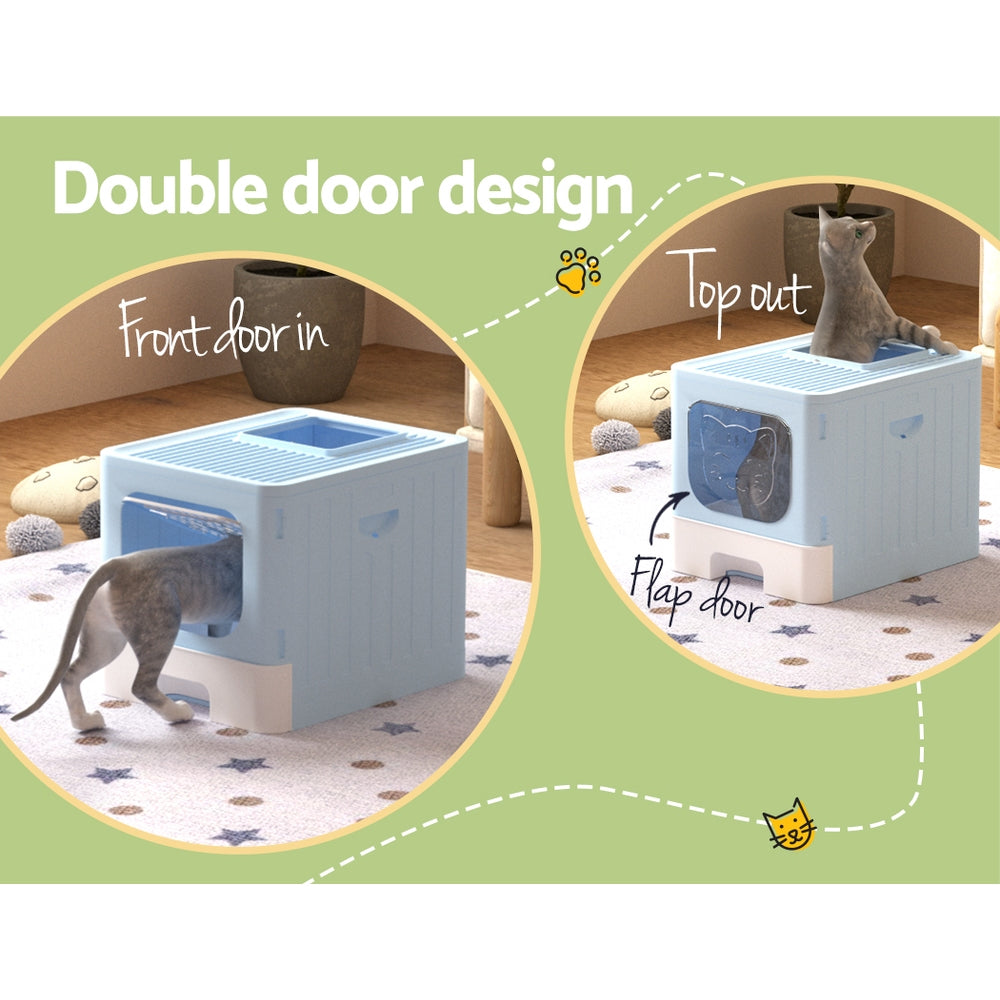 Blue and white enclosed cat litter box with front opening and top flap
