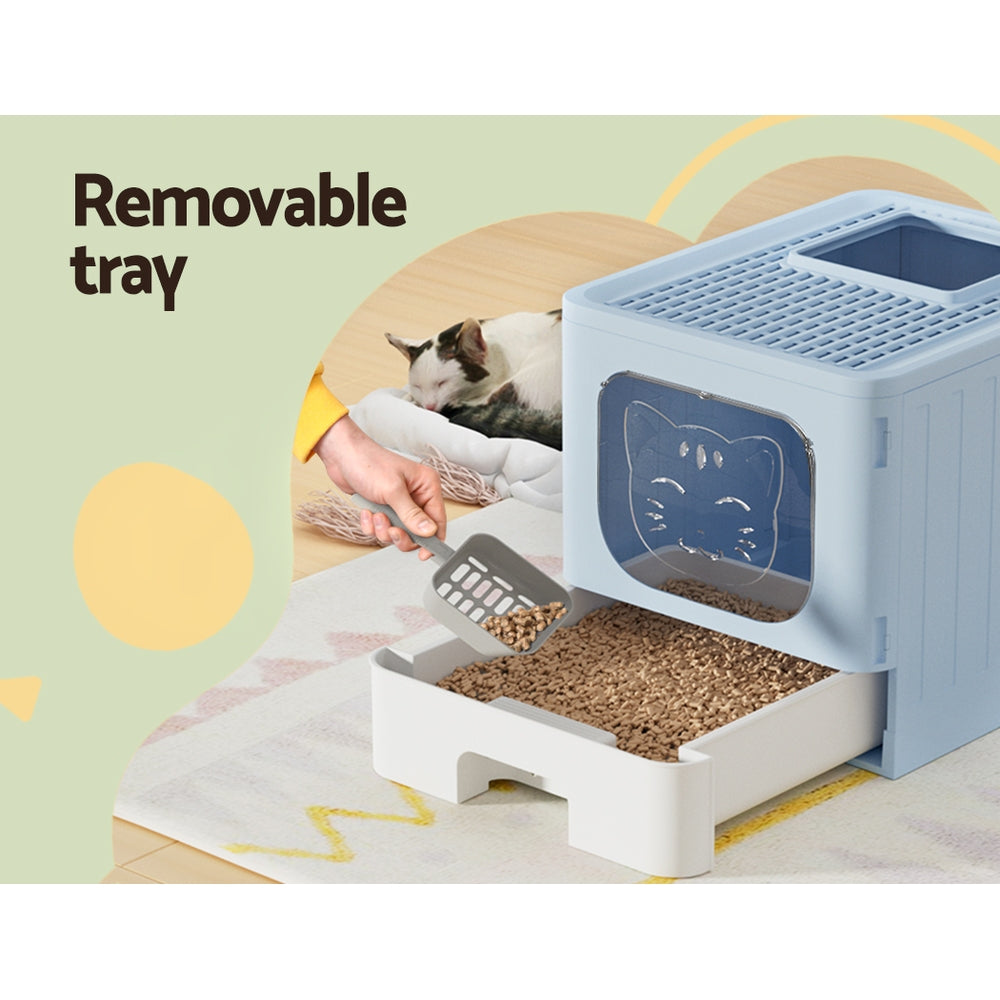 Blue enclosed cat litter box with removable litter tray and front door window