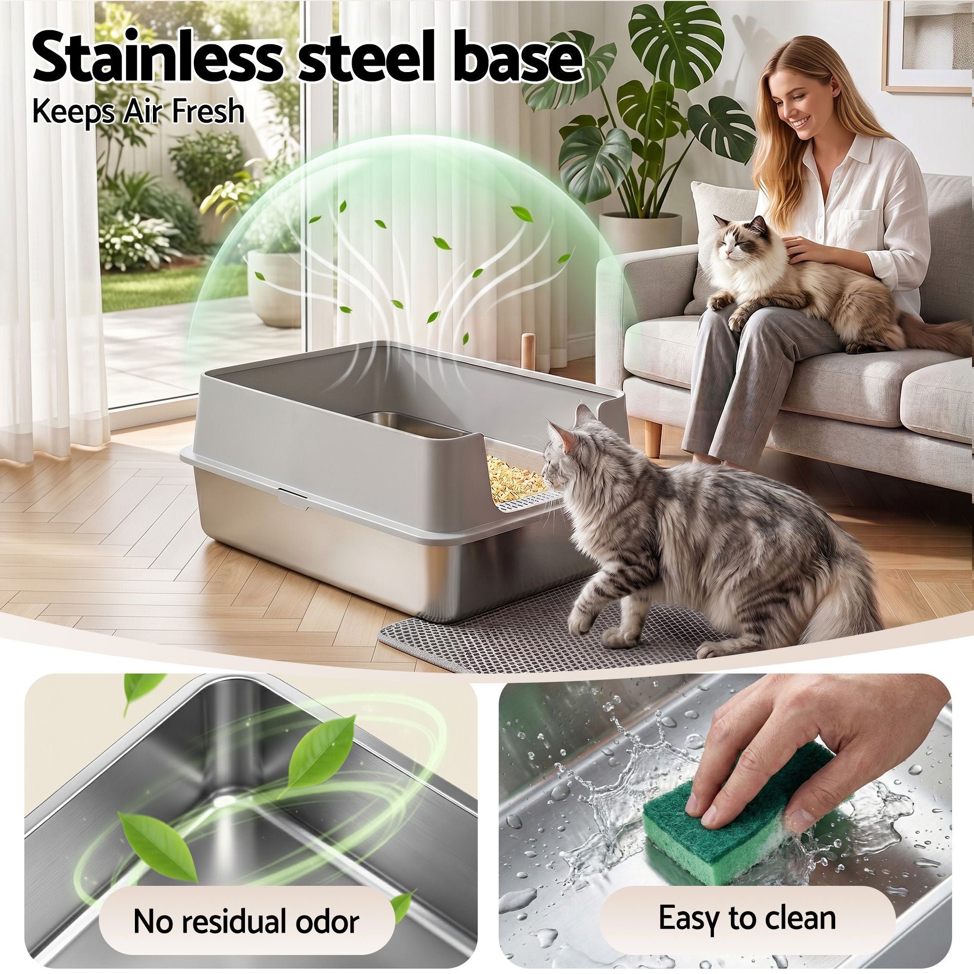 i.Pet XXL Cat Litter Box Stainless Steel Jumbo Semi-Enclosed Pet Kitty Toilet Grey