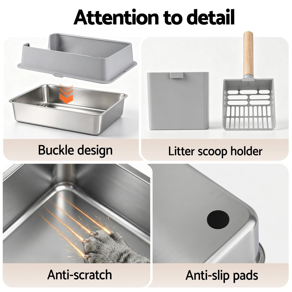 i.Pet XXL Cat Litter Box Stainless Steel Jumbo Semi-Enclosed Pet Kitty Toilet Grey