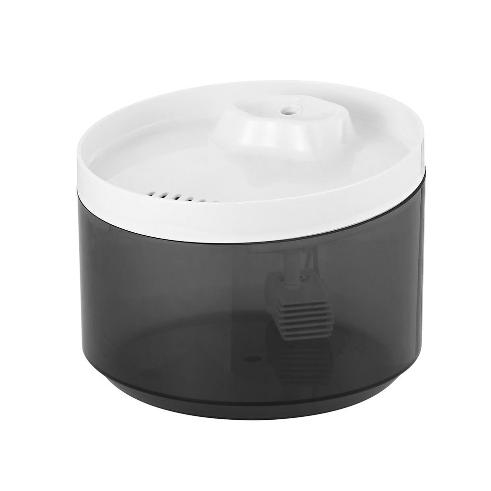 Two-piece automatic pet water fountain with white top and dark gray base