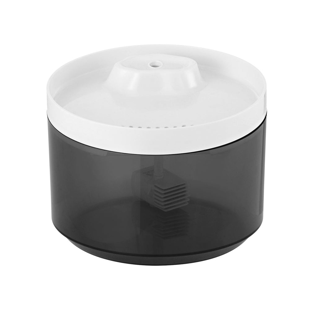 Automatic pet water fountain with white top cover and central nozzle on dark base