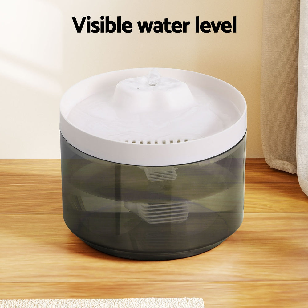 Transparent-sided pet water fountain showing visible water level, white top on dark base