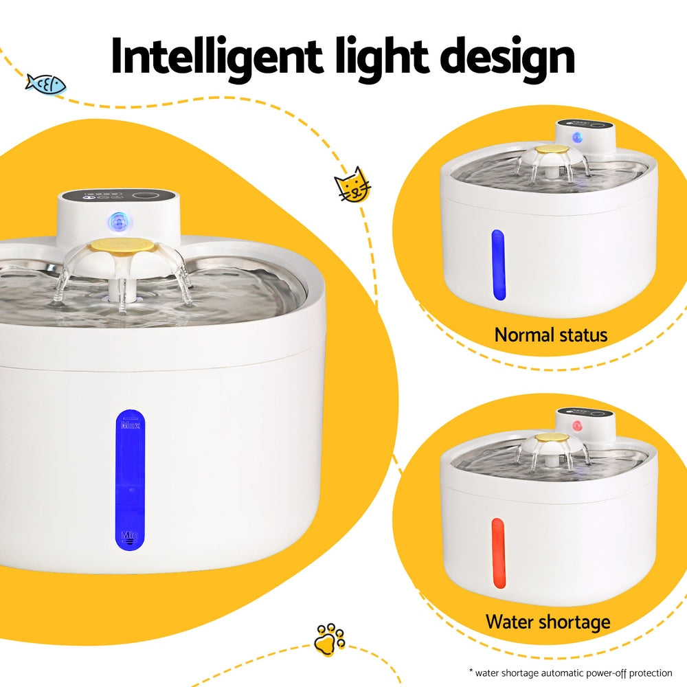 Pet water fountain with intelligent light design on a yellow background