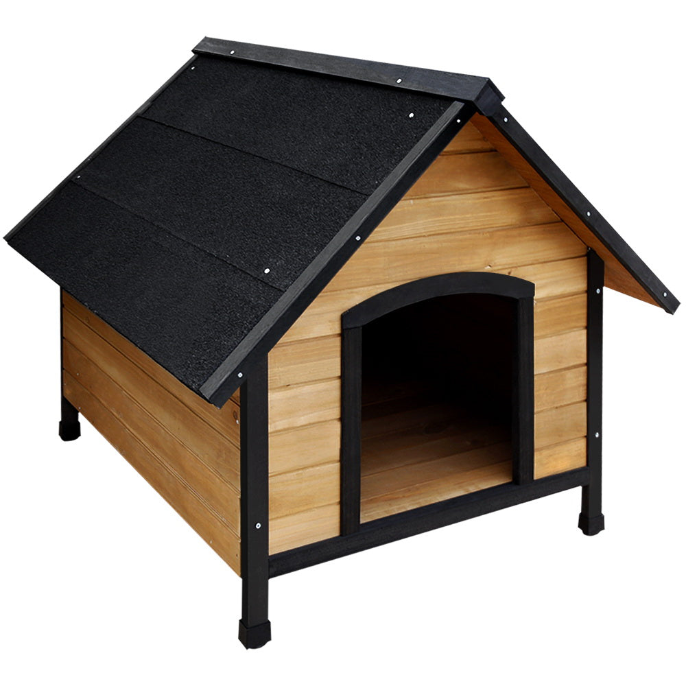 Extra large wooden outdoor dog kennel, black angled roof, arched front door