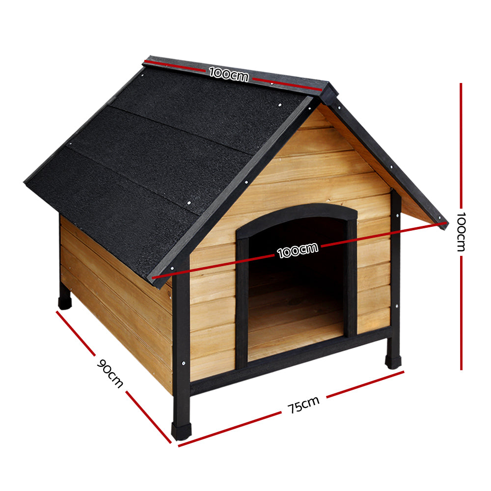 Extra large wooden dog kennel with black frame and arched entrance opening