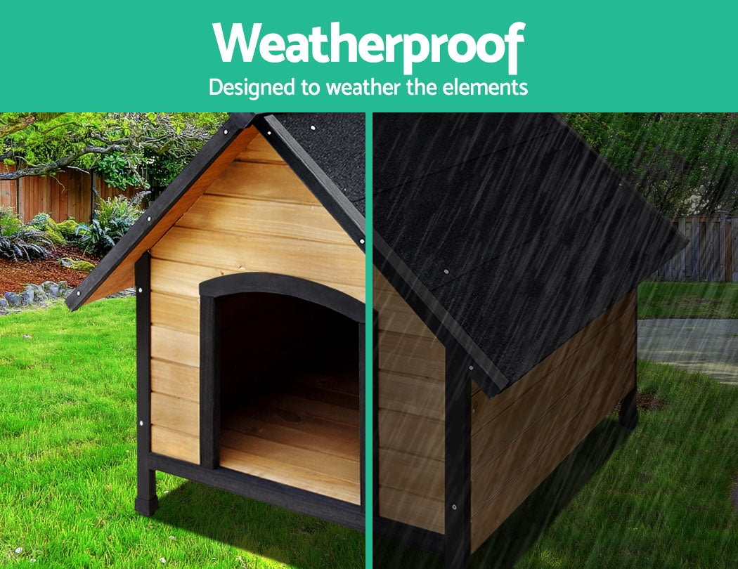 Extra large wooden outdoor dog kennel with angled roof and arched doorway