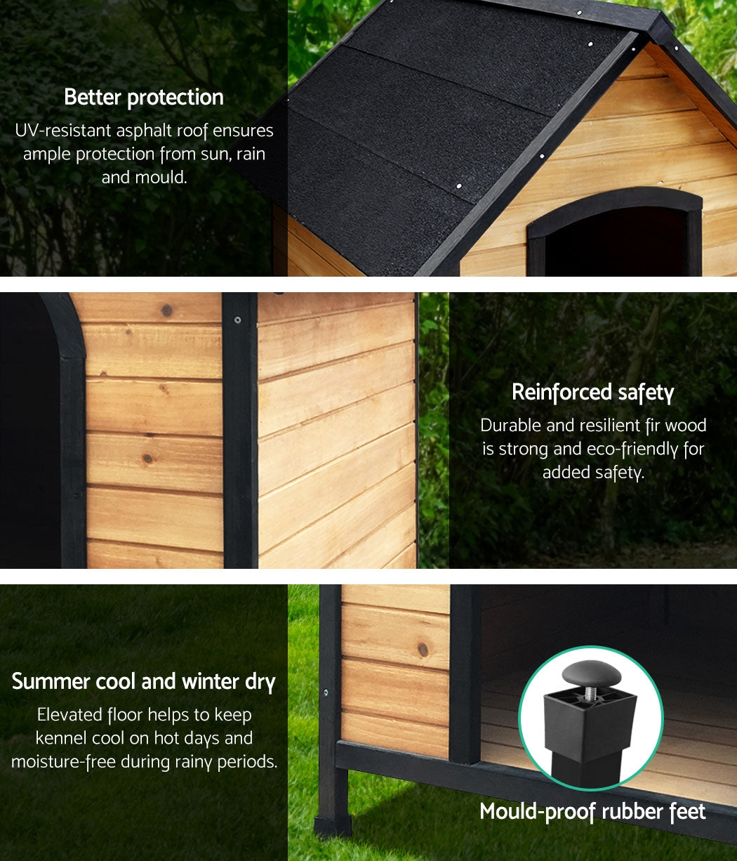 Wooden dog kennel with elevated base and black rubber feet, arched front opening