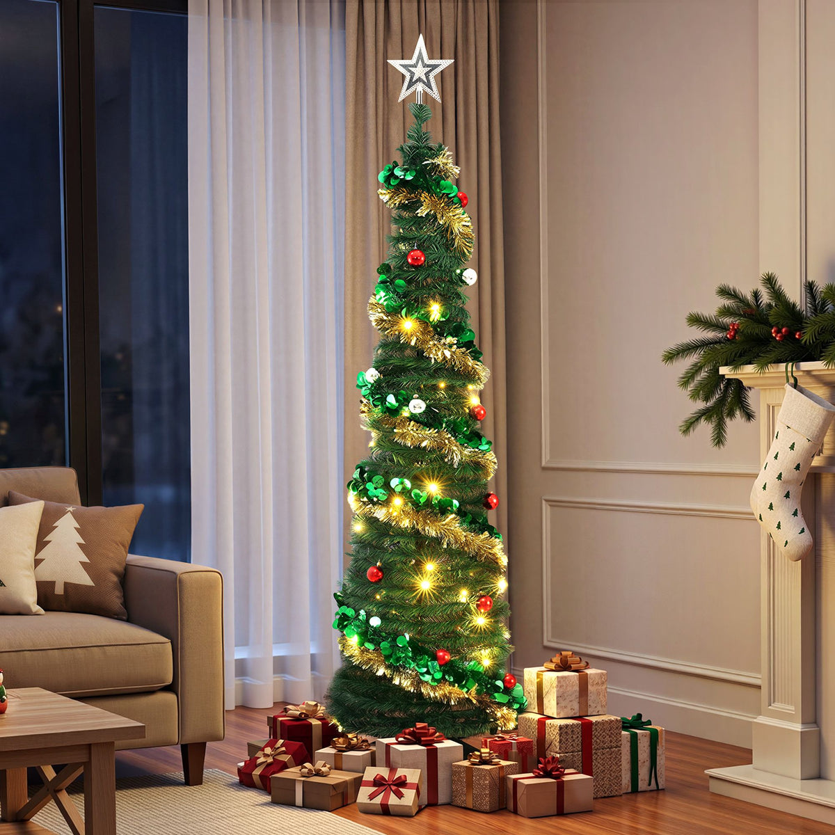 Pop-up Christmas tree with warm white LED lights and gold garland, decorated with ornaments