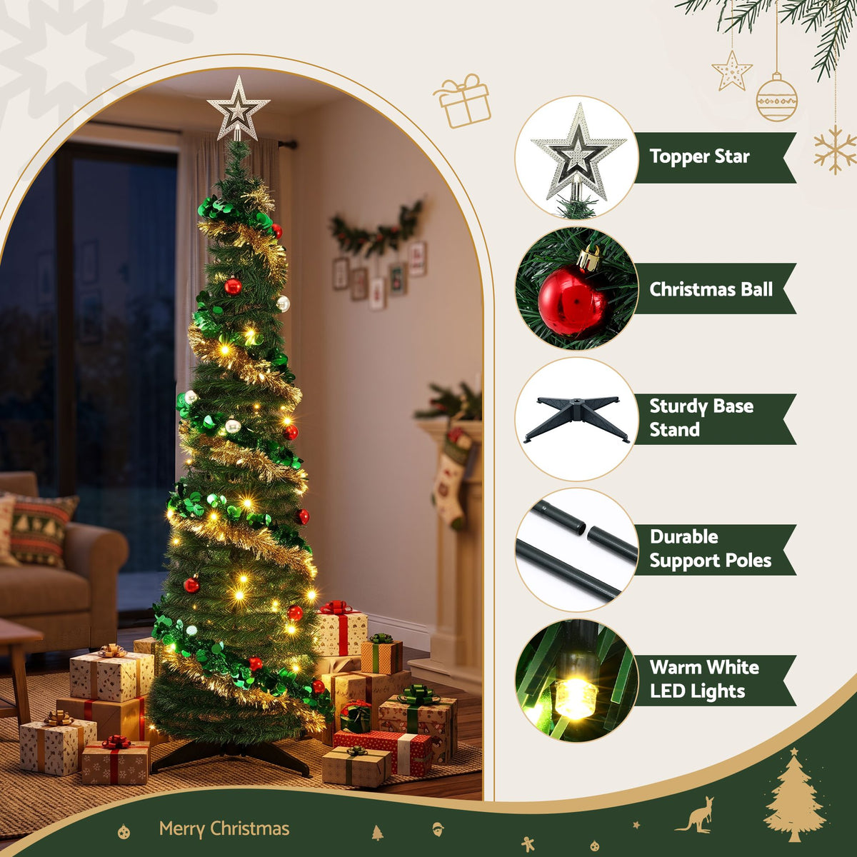 160cm pop-up Christmas tree kit with topper star, baubles, and warm white LED lights