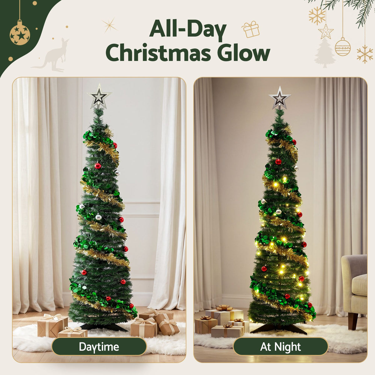 Artificial Christmas tree with warm white LED lights, showing daytime and nighttime glow