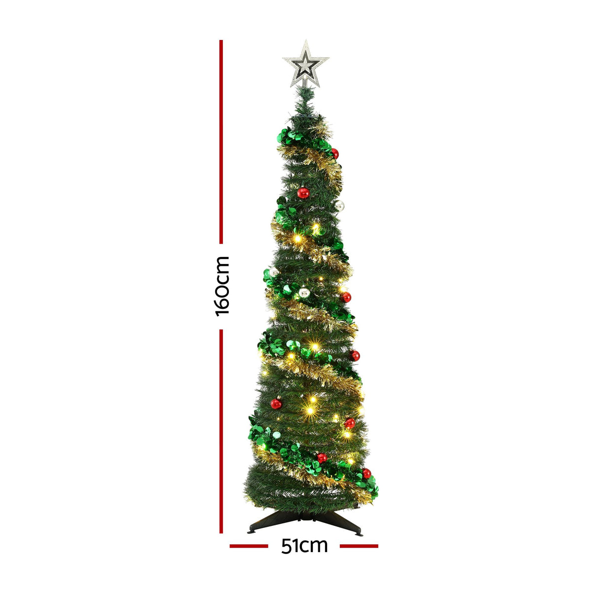 160cm pop-up Christmas tree height with 51cm base width, warm white LED lights