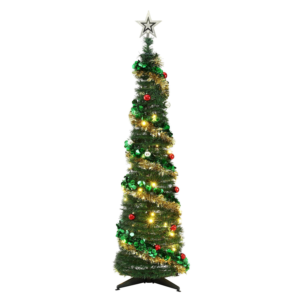 Single pop-up Christmas tree with warm white LED lights, star topper and decorated ornaments