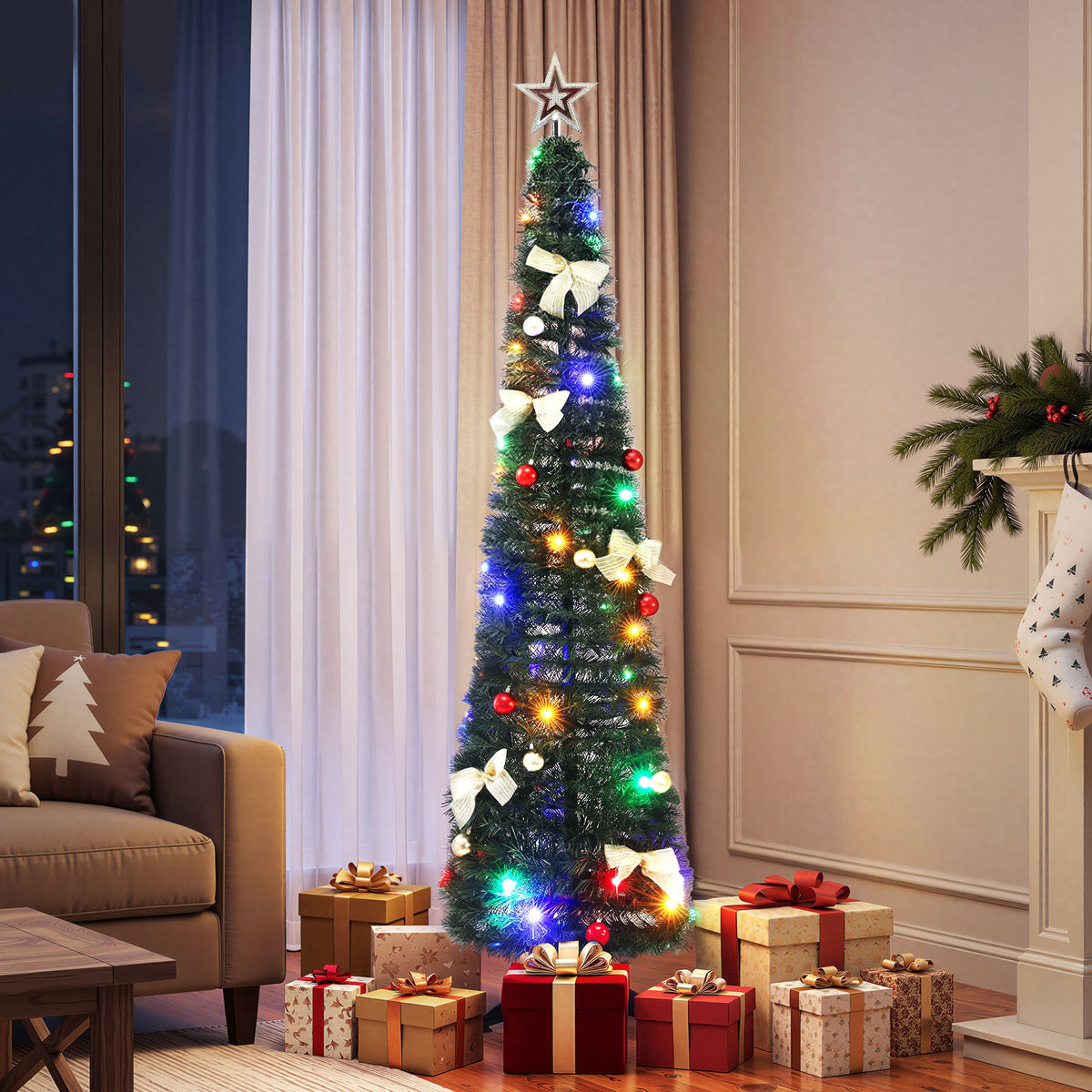 A decorated Christmas tree stands in a living room beside a window, with wrapped gift boxes at its base and a warm indoor holiday atmosphere.