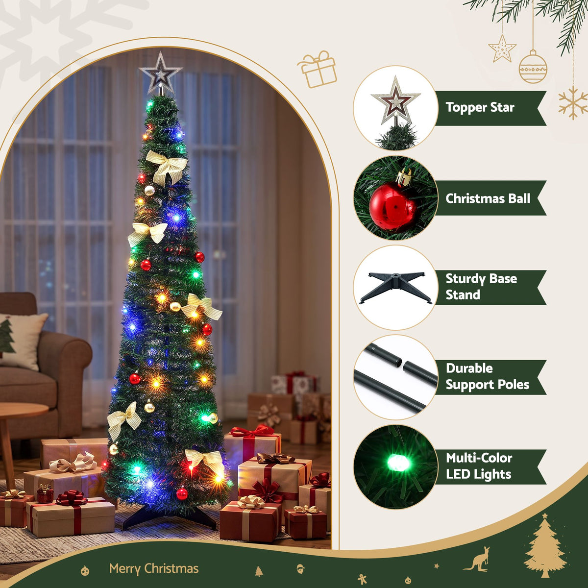 Pre-decorated pop-up Christmas tree with multicolour LED lights and star topper