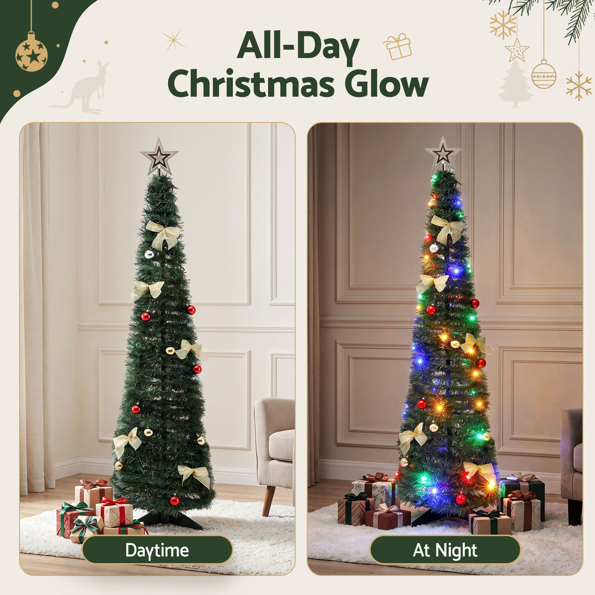 Pre-decorated pop-up Christmas tree with multicolour LED lights, shown day and night