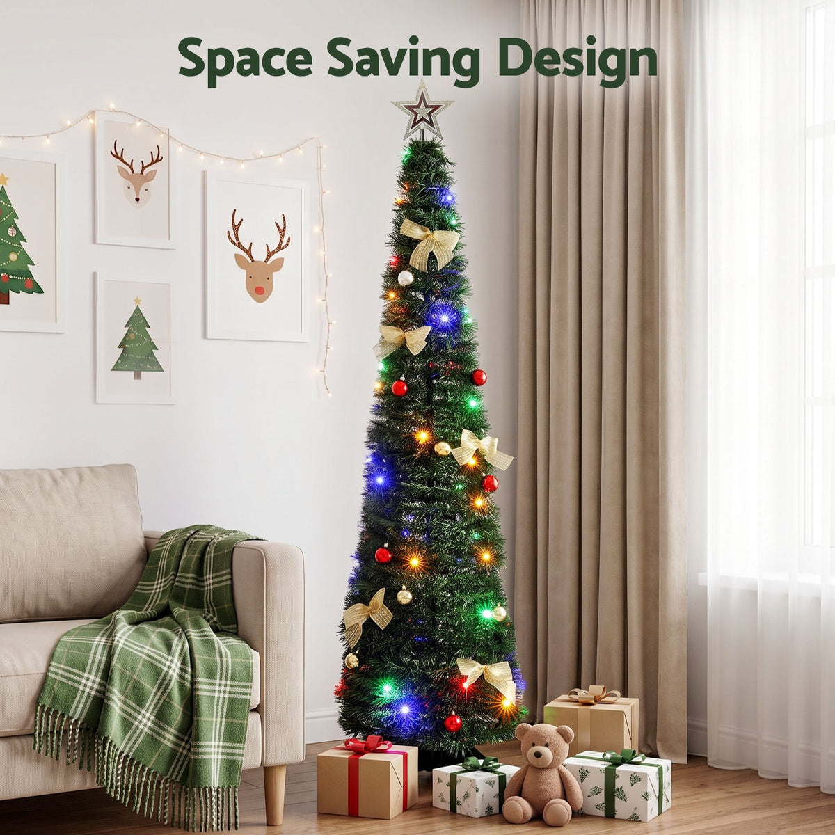 Pre-decorated pop-up Christmas tree with multicolour LED lights, ornaments, and star topper