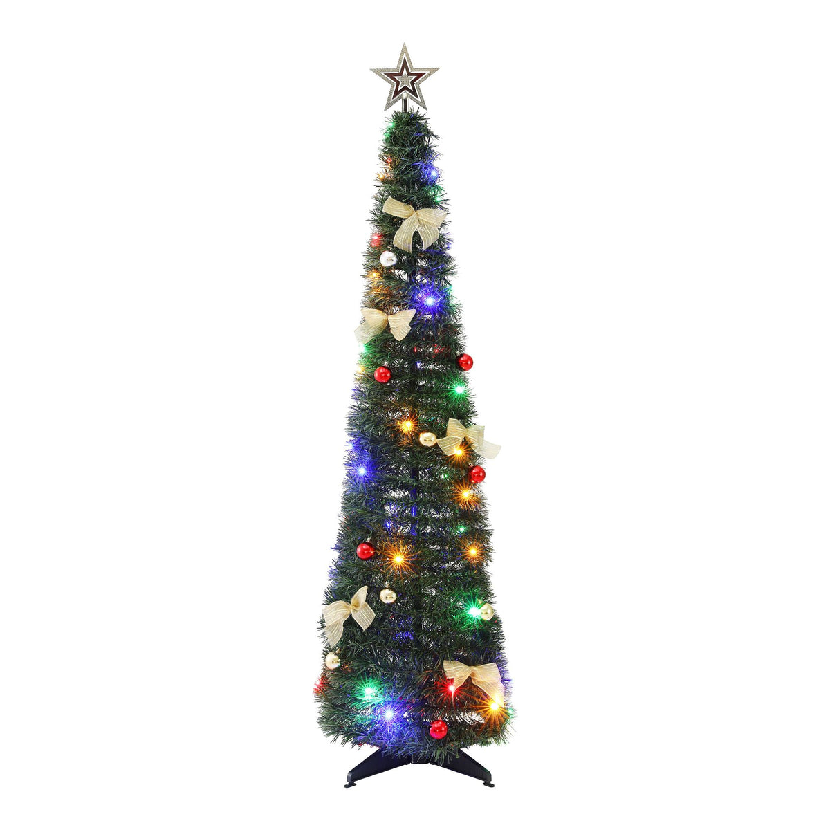 Pre-decorated pop-up Christmas tree with multicolour LED lights, ornaments, and stand