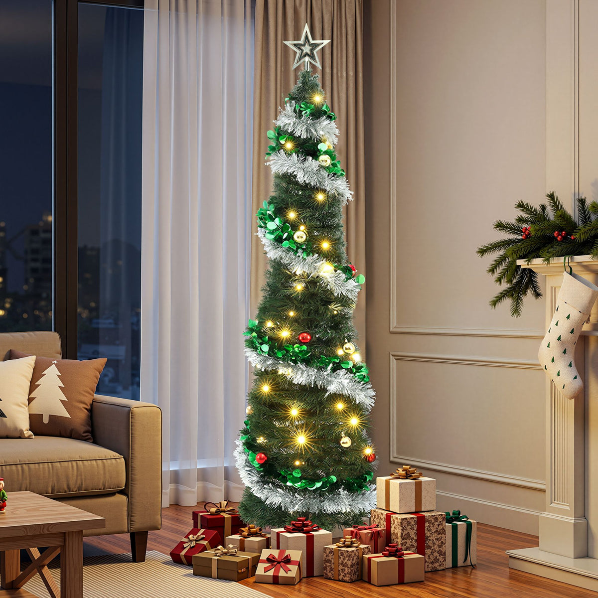 Pre-decorated pop-up Christmas tree with warm white lights, green and silver tinsel