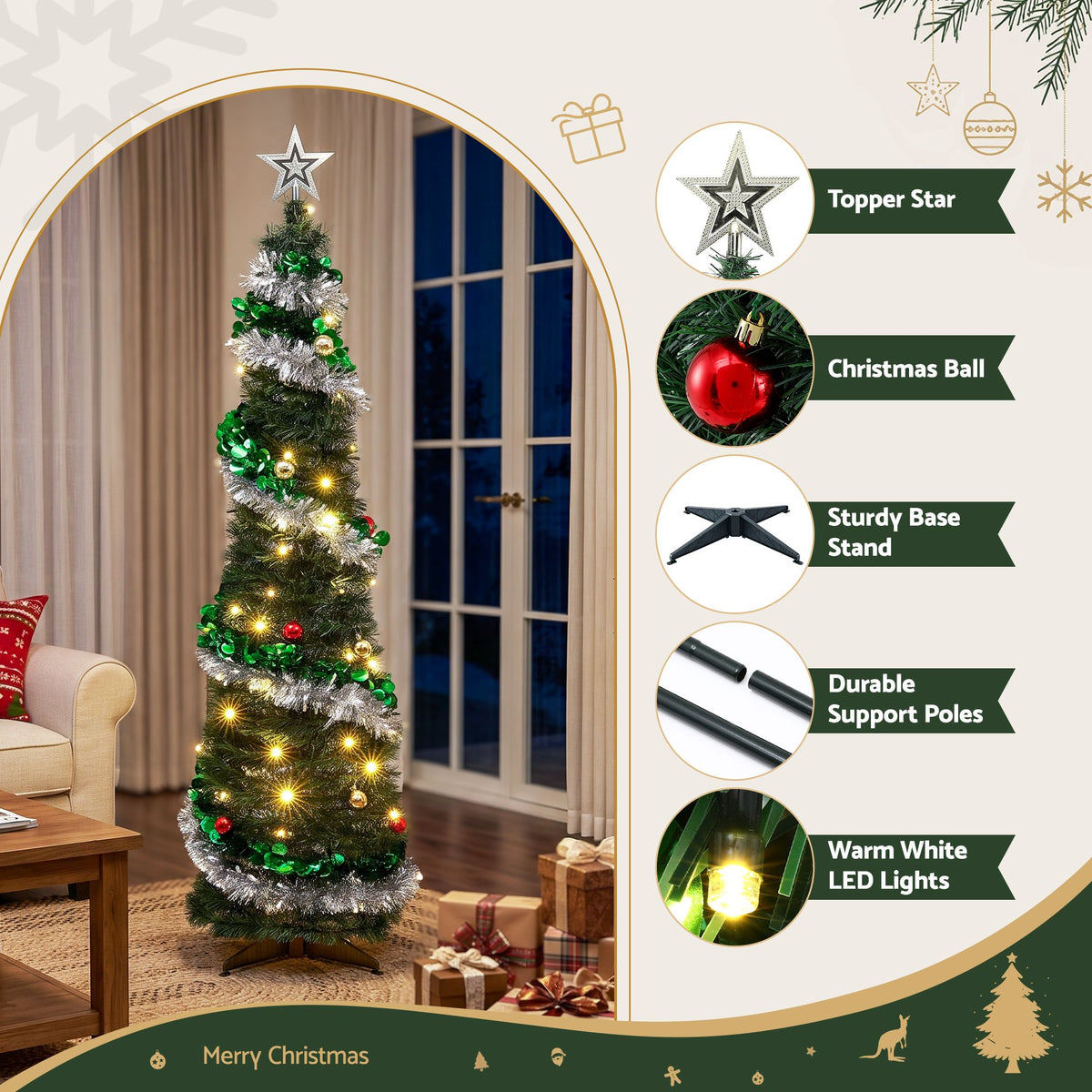 Pre-decorated pop-up Christmas tree with star topper, ornaments, and warm white LED lights