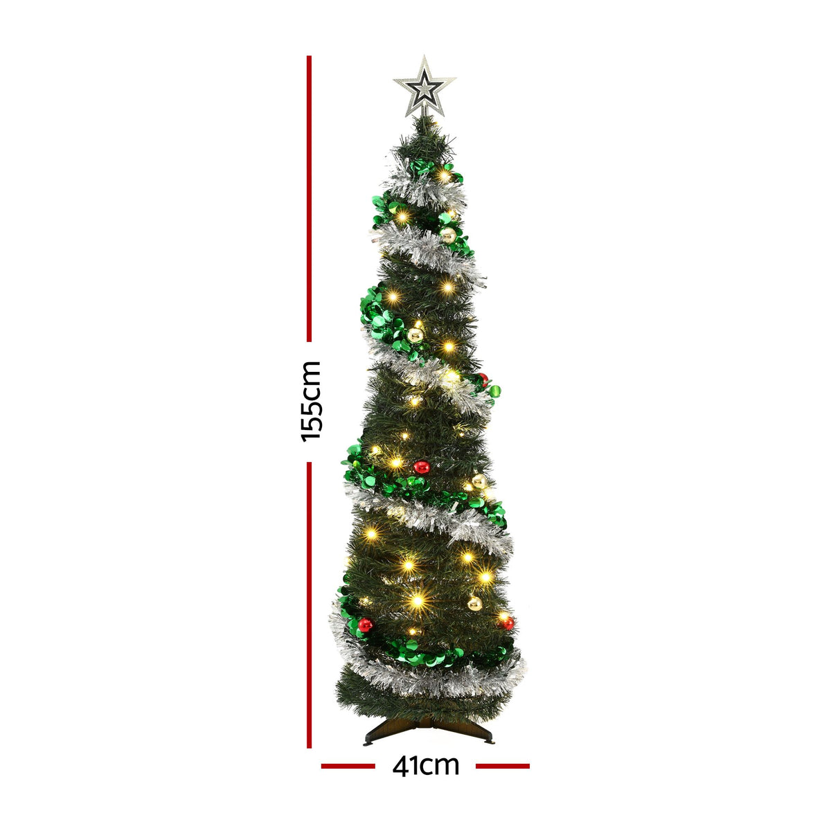 155 cm pre-decorated pop-up Christmas tree with warm white LED lights, 41 cm base