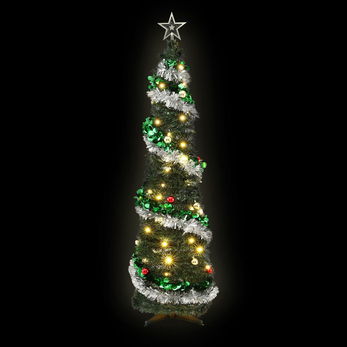 Pre-decorated pop-up Christmas tree with warm white LED lights and silver tinsel