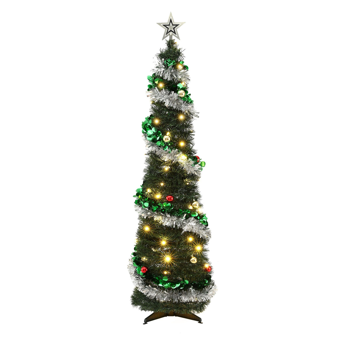Pre-decorated pop-up Christmas tree with warm white lights, green and silver branches
