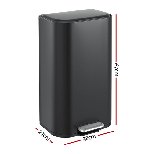 40L Pedal Bins Rubbish Bin Steel with Soft Close Lid, Black