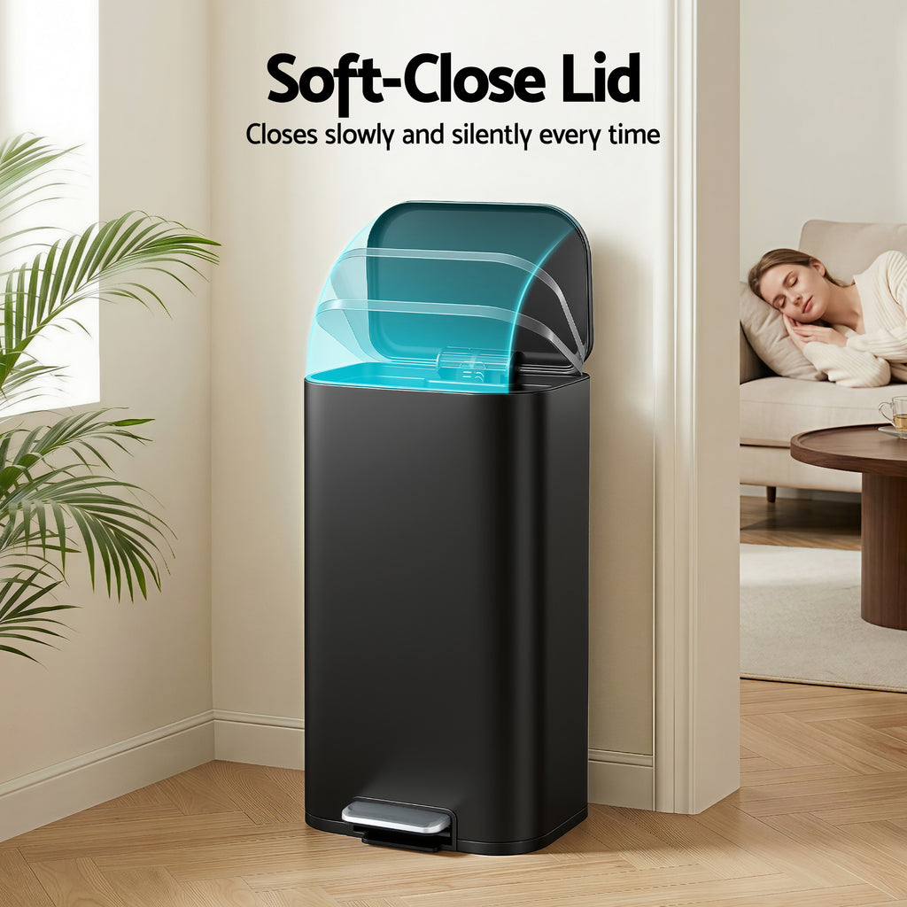 40L Pedal Bins Rubbish Bin Steel with Soft Close Lid, Black