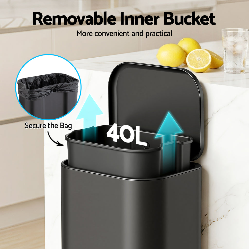 40L Pedal Bins Rubbish Bin Steel with Soft Close Lid, Black