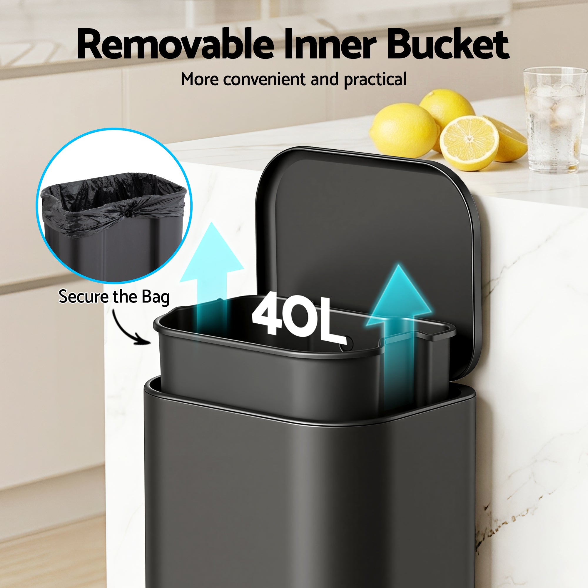 40L Pedal Bins Rubbish Bin Steel with Soft Close Lid, Black