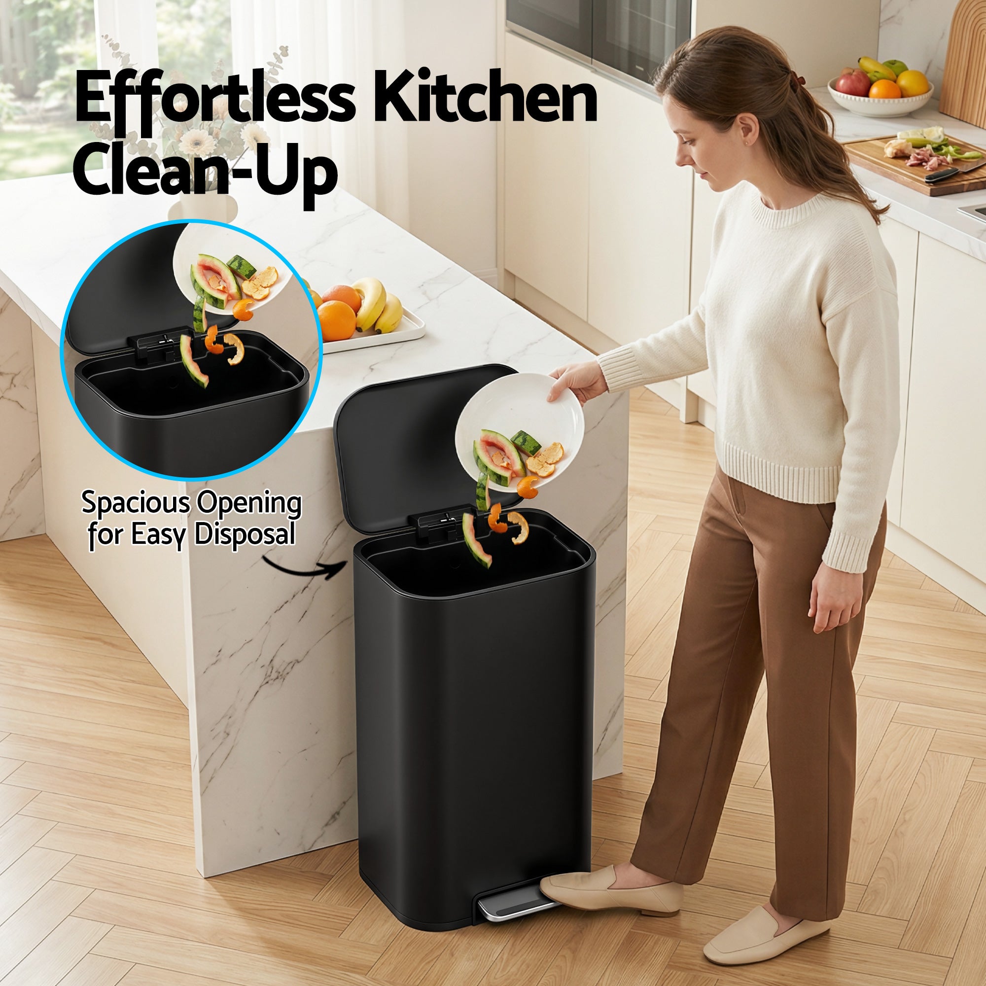 40L Pedal Bins Rubbish Bin Steel with Soft Close Lid, Black