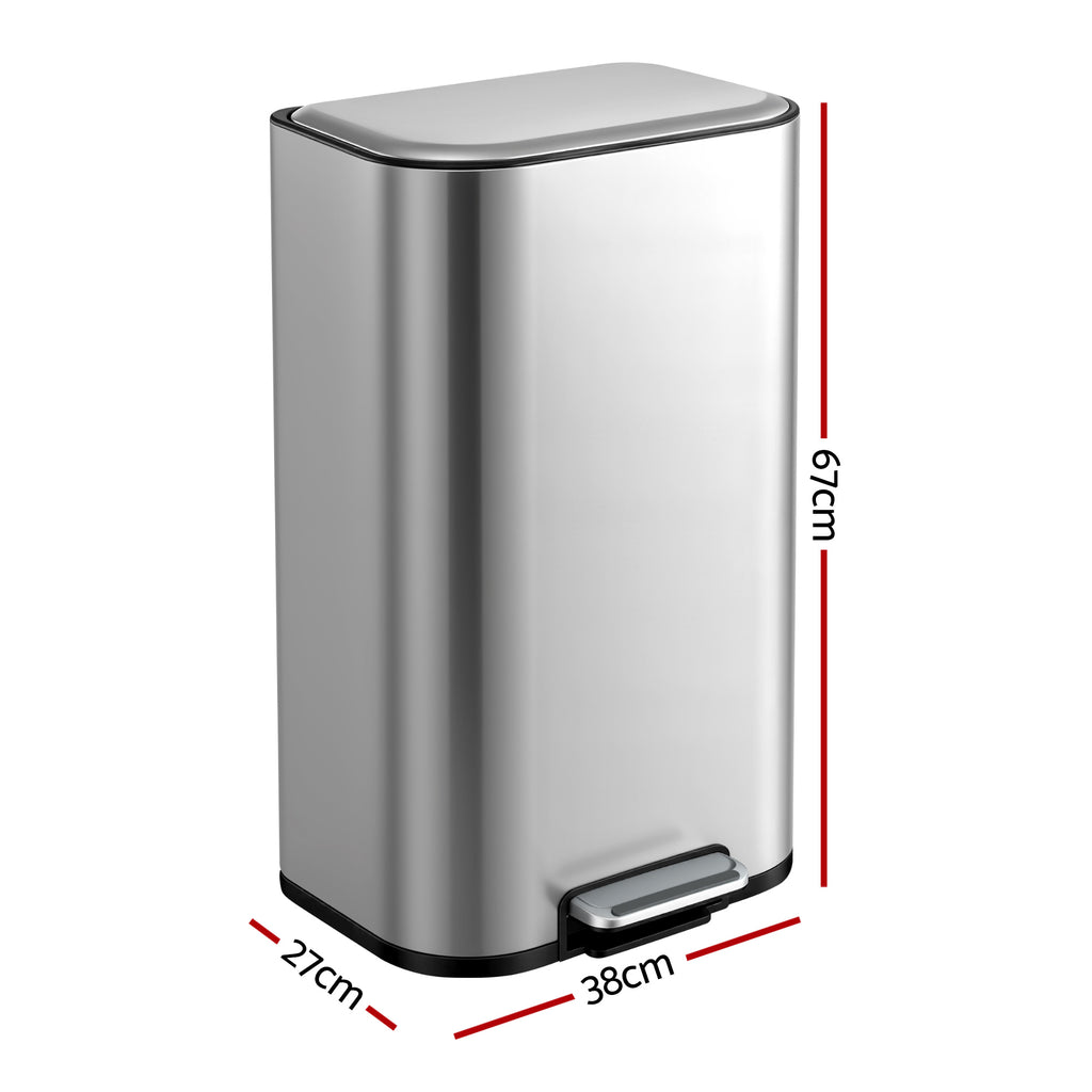 40L Pedal Bins Rubbish Bin Steel with Soft Close Lid, Silver