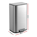 40L Pedal Bins Rubbish Bin Steel with Soft Close Lid, Silver