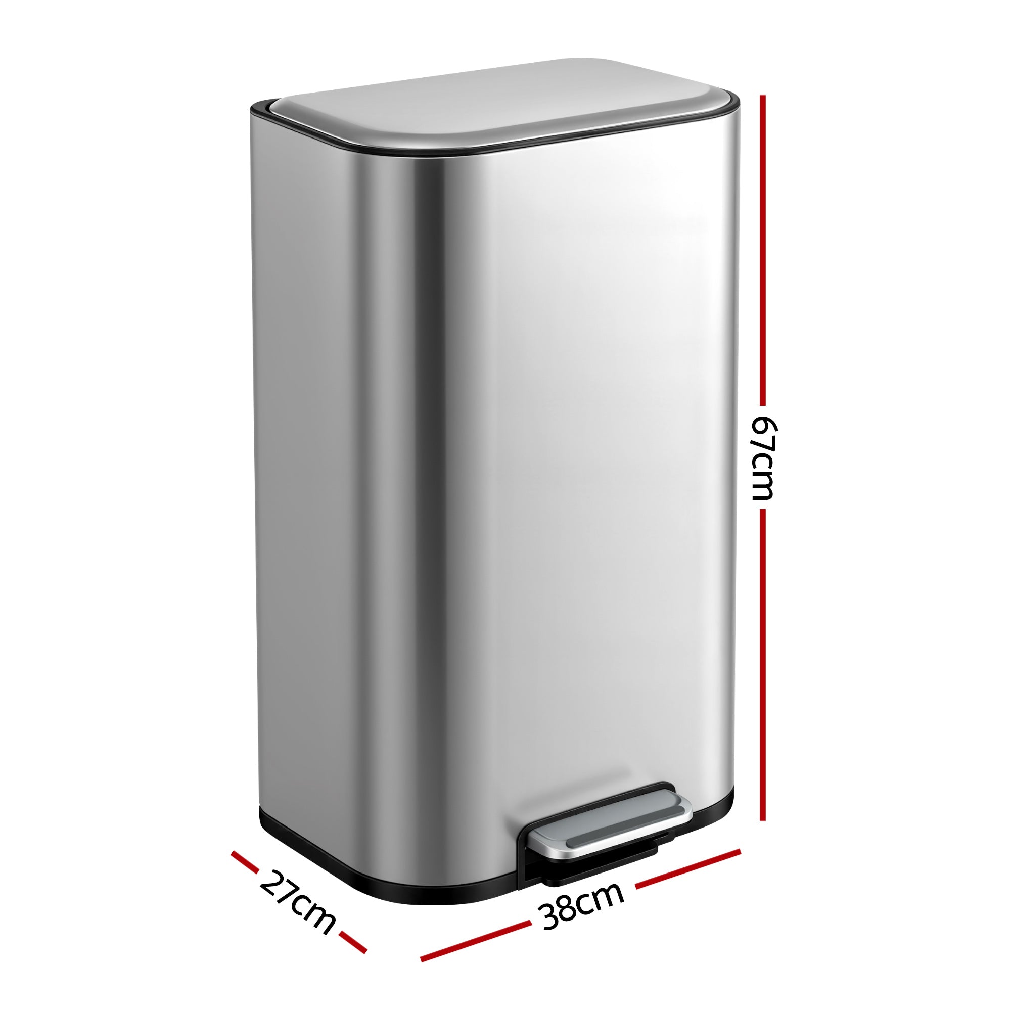 40L Pedal Bins Rubbish Bin Steel with Soft Close Lid, Silver