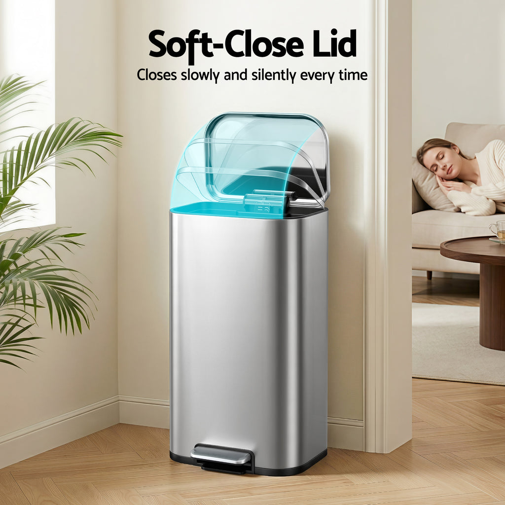 40L Pedal Bins Rubbish Bin Steel with Soft Close Lid, Silver