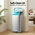 40L Pedal Bins Rubbish Bin Steel with Soft Close Lid, Silver